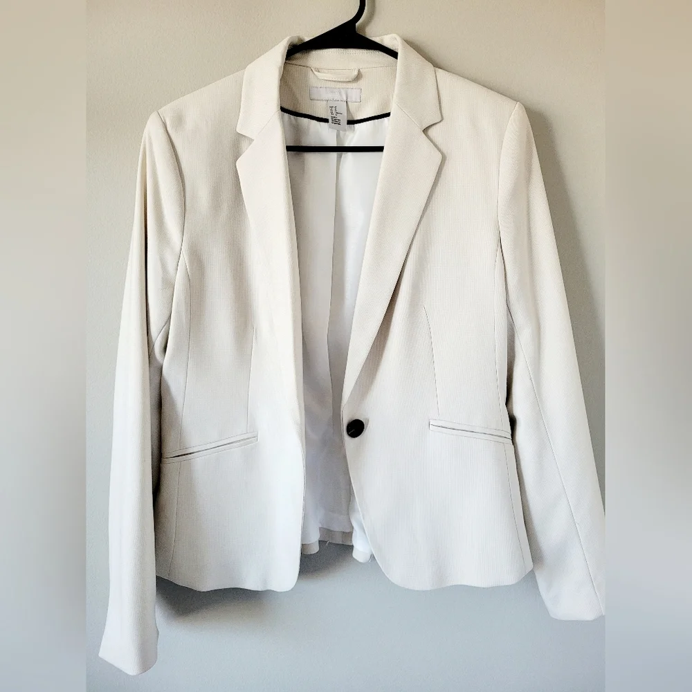 H&M Women's Fitted Blazer Ivory/Light Cream Woven Lined One Button New Medium - Picture 3 of 16